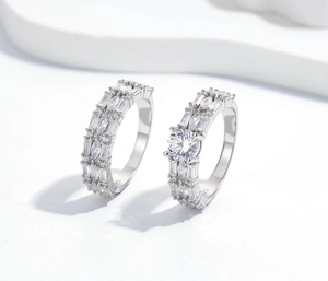 Detail of S925 sterling silver ring set with marquise and rectangular cubic zirconia