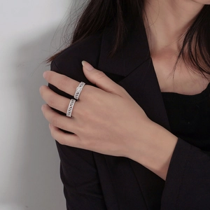 Exquisite S925 silver double ring set with micro-pave diamonds and geometric hollow patterns