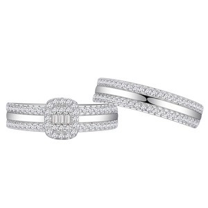 Elegant S925 silver wedding ring set with princess cut centerpiece and pave diamonds