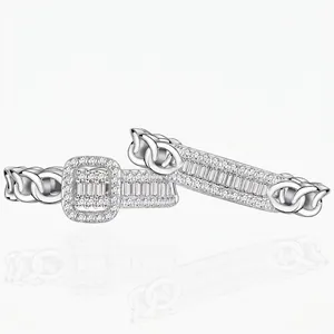 925 Sterling Silver Chain Link Stackable Ring Set For Women Baguette Round Zirconia Inlaid Electroplated Finger Rings Jewelry Gift