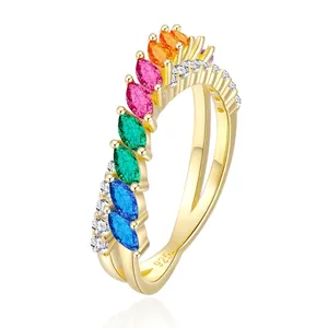 925 Sterling Silver Marquise Rainbow Zirconia Ring Minimalist Geometric Double Row Inlaid Band Ring For Women Jewelry Gift