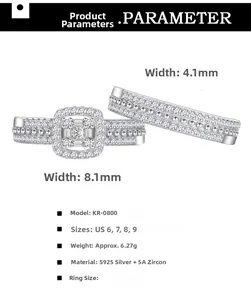 Detailed view of S925 silver ring set with 5A cubic zirconia and product dimensions