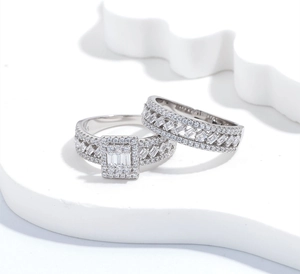 Detailed close-up of S925 sterling silver ring set with rectangular cluster and pavé stones