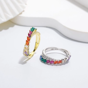 S925 silver double row ring with marquise-cut rainbow cubic zirconia gemstones