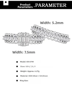 Detail showing S925 silver lace rings with zircon inlay measurements and sizes
