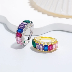 Luxurious S925 silver eternity band set with colorful baguette cut rainbow gemstones