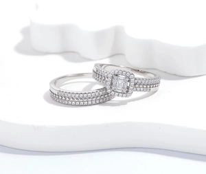 Macro detail of 925 sterling silver ring set with square cut stone and micro pave diamonds