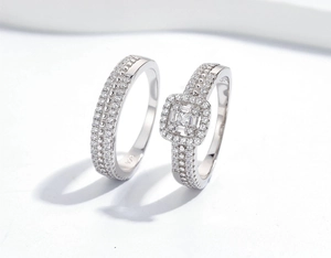 Detail of 925 sterling silver square cut diamond ring set with S925 hallmark stamp