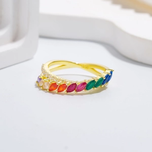 Minimalist S925 silver cross wave ring with rainbow marquise zirconia in gold plating