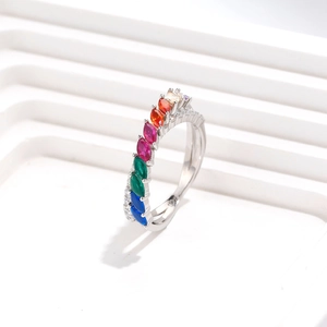 Rainbow marquise cut gemstone ring in S925 sterling silver cross diamond band