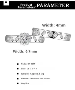 Macro detail of S925 sterling silver ring set with 5A zircon inlay and dimensions