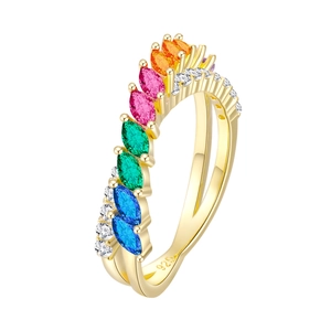 Rainbow gemstone S925 sterling silver ring with colorful marquise-cut stones and double band