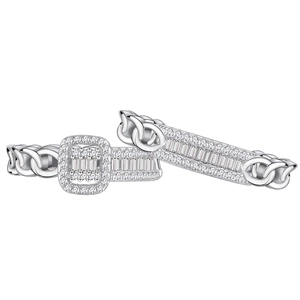 S925 sterling silver ring set with halo diamond square and chain link band design