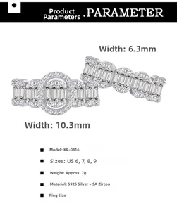 S925 silver ring size chart showing US 6 to 9 with 5A zircon details and band width