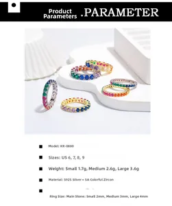 Macro detail of S925 silver rings with colorful 5A cubic zirconia stones in multi-sizes