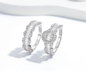 Macro detail of S925 silver eternity bands with baguette and round cubic zirconia stones