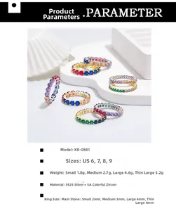 Detailed chart showing S925 silver eternity rings with colorful 5A cubic zirconia stones