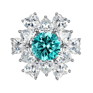 Blumen-Silberring mit blauem Edelstein und zehn herzförmigen Diamant-Akzenten