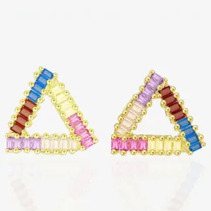 925 Sterling Silver Triangle Rainbow Zirconia Stud Earrings For Women Baguette Cut Geometric Pave Fashion Jewelry