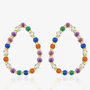 925 Sterling Silver Teardrop Stud Earrings For Women Multi-Colored Zirconia Inlaid 18K Gold Plated Personalized Ear Jewelry