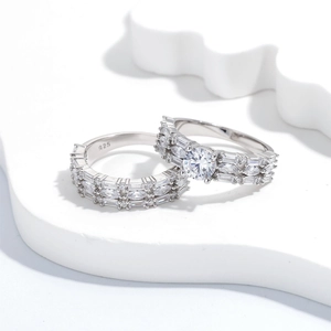 S925 sterling silver stacked rings with triple-layer zircon inlays and round main stone
