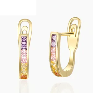 925 Sterling Silver 18K Gold Plated Rainbow Rhinestone Huggie Hoop Earrings U Shaped Geometric Multi Color Jewelry For Women