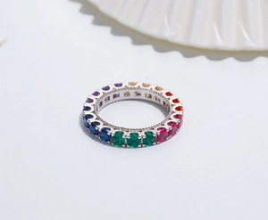 Macro view of sterling silver eternity ring with colorful 5A zircon gemstones and bead details