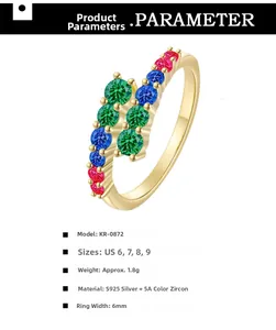 Detailed size and material specs for S925 silver ring with colorful cubic zirconia