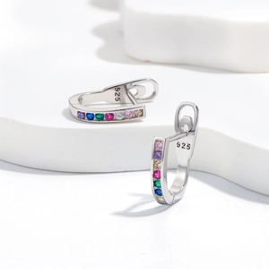 925 sterling silver U-shaped hoop earrings with colorful zircon stones on white display