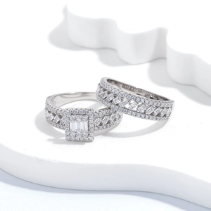 Set of two S925 sterling silver geometric rings with rectangle zircon stones in white