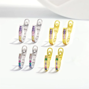 925 silver U-shape hoop earrings with colorful square zircons in gold and silver finish