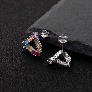 Rainbow geometric triangle stud earrings in S925 sterling silver with colorful zircon