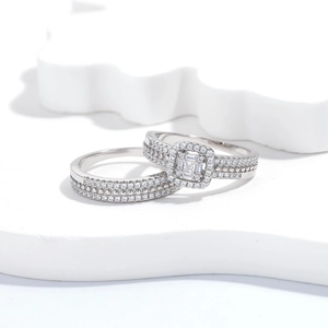Elegant 925 sterling silver ring set with square halo stone and micro-pave zircon bands