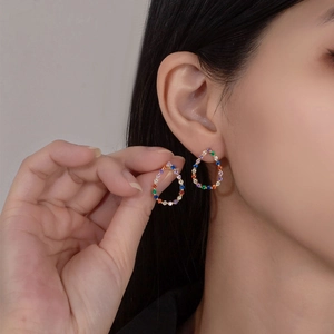 Rainbow teardrop stud earrings with colorful gemstones and 18k gold plated silver finish