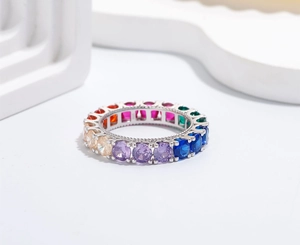 Detailed macro view of S925 sterling silver ring featuring a colorful rainbow zircon row