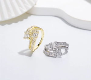 Macro shot of S925 sterling silver hallmarked rings with micro-paved cubic zirconia