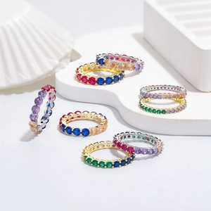 Rainbow eternity band rings in 925 silver with multi-color cubic zirconia stones