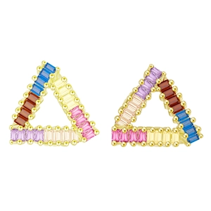 Colorful geometric triangle earrings with multi-colored rectangular crystals in gold plating