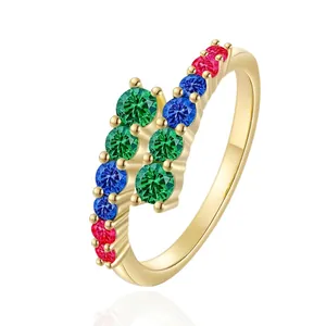 925 Sterling Silver Open Ring For Women Fashion Colorful Zirconia Inlaid Geometric Adjustable Finger Ring Jewelry Gift