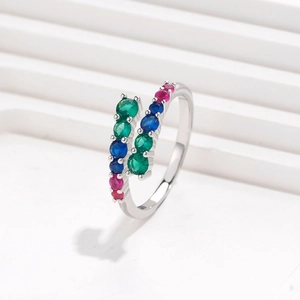 S925 sterling silver open ring with double-row colorful zircon stones in a polished finish