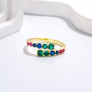 Adjustable S925 silver ring with double-row colorful cubic zirconia in gold plating