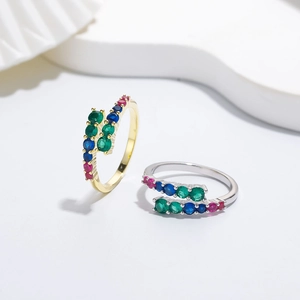 Adjustable S925 silver ring with colorful zircons in gold and silver finishes