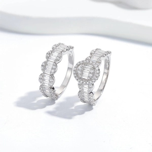 S925 sterling silver oval ripple ring set with halo emerald cut cubic zirconia stones