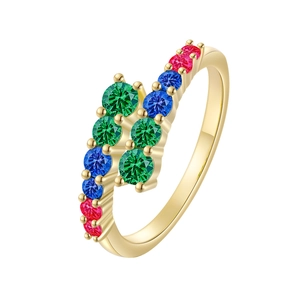Dual-row crisscross gold ring featuring pavé-set green, blue, and red cubic zirconia stones