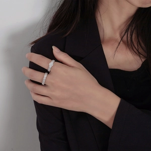 Elegant S925 silver two-piece stacked ring set with cubic zirconia stones on model