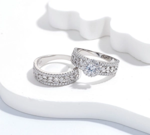 Macro shot of S925 sterling silver ring set with zircon stones on white display