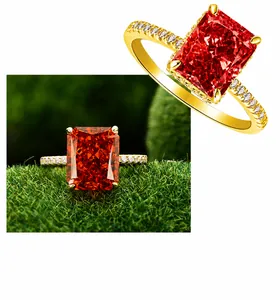 Detail of red square high carbon diamond ring in 925 sterling silver on moss background