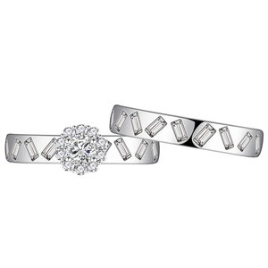 S925 silver couple rings set featuring round flower cluster and baguette cut stones