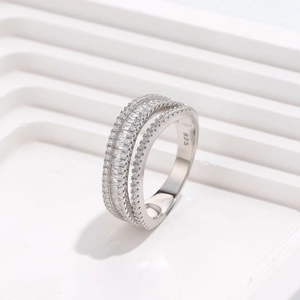 Elegant 925 sterling silver triple-layered stackable ring set with sparkling zircons