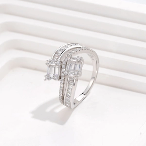 S925 sterling silver ring with double row crisscross design and sparkling baguette diamonds